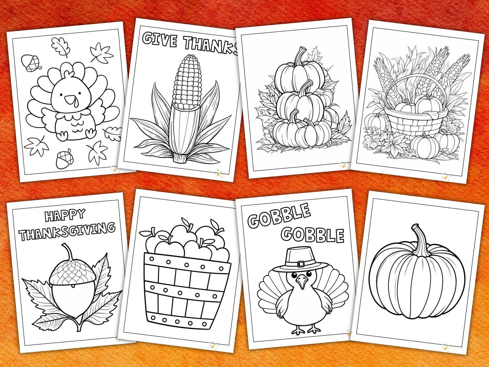 A collection of Thanksgiving-themed coloring pages, including designs like a turkey, pumpkin, and corn.