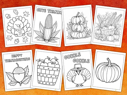 A collection of Thanksgiving-themed coloring pages, including designs like a turkey, pumpkin, and corn.