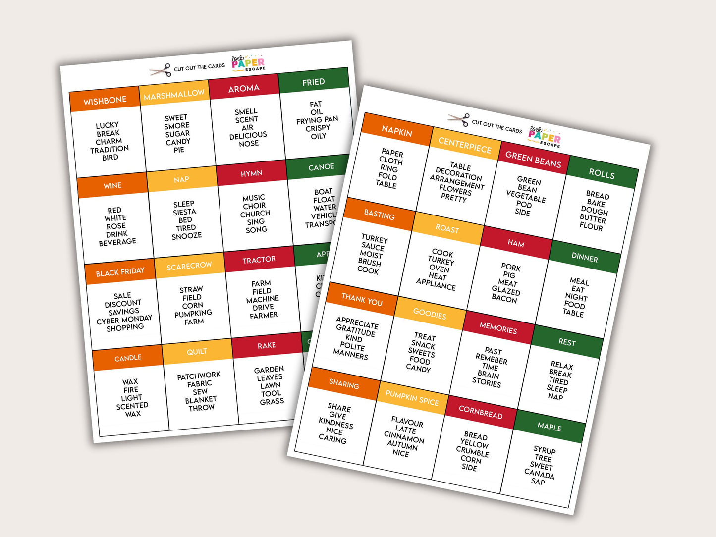 A promotional image for a Thanksgiving danger word game, featuring a set of cards with various Thanksgiving-related prompts.