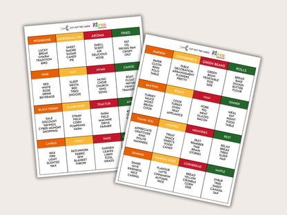 A promotional image for a Thanksgiving danger word game, featuring a set of cards with various Thanksgiving-related prompts.