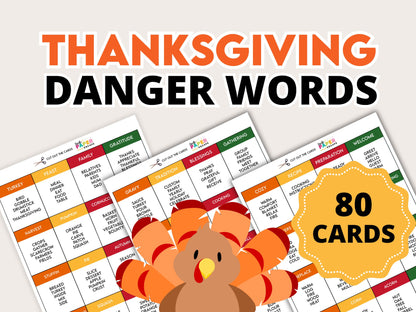A promotional image for a Thanksgiving Danger Words family game featuring 80 cards with colorful words and a cartoon turkey in the center.
