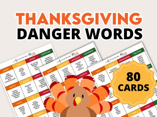 A promotional image for a Thanksgiving Danger Words family game featuring 80 cards with colorful words and a cartoon turkey in the center.