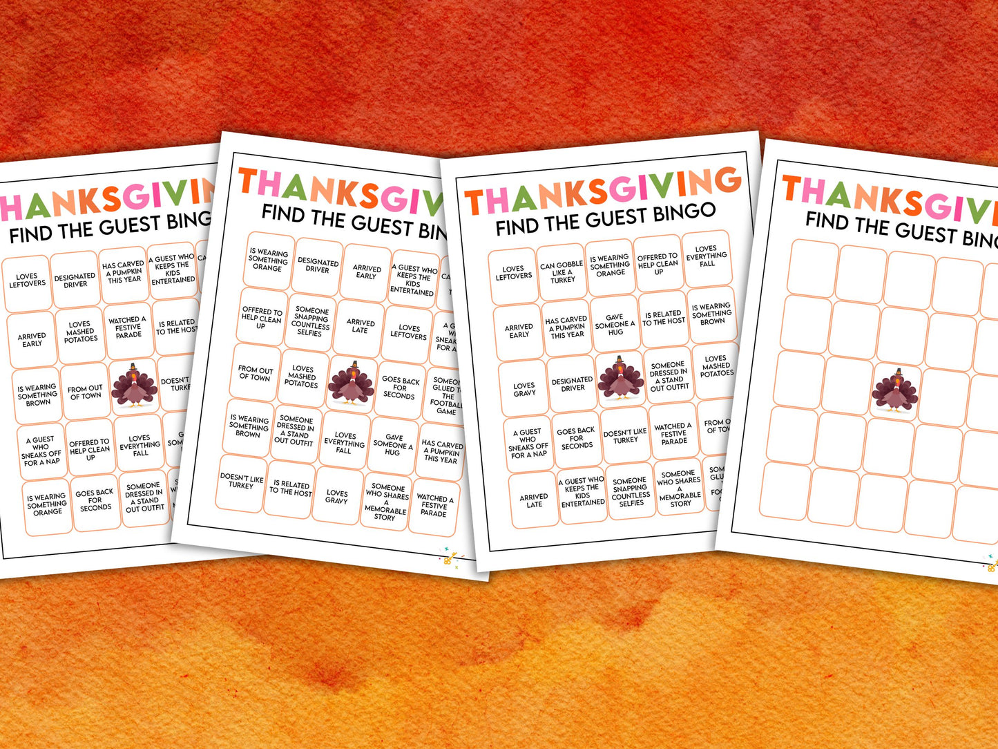 Promotional images of the printables available in the thanksgiving find the guest bingo game.