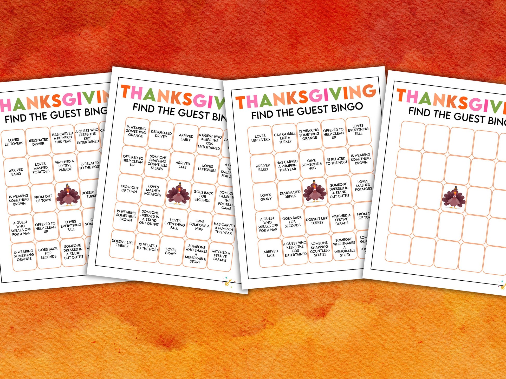 Promotional images of the printables available in the thanksgiving find the guest bingo game.