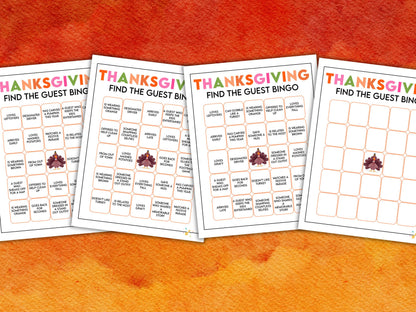 Promotional images of the printables available in the thanksgiving find the guest bingo game.