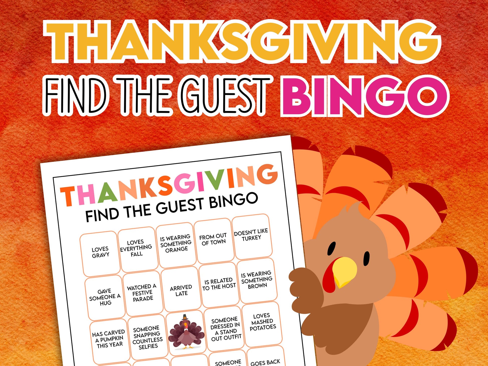 Promotional page with a cartoon turkey holding the thanksgiving find the guest bingo game page