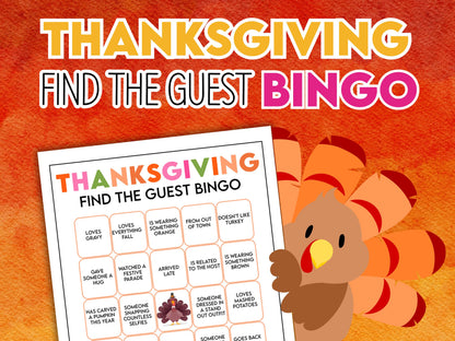 Promotional page with a cartoon turkey holding the thanksgiving find the guest bingo game page