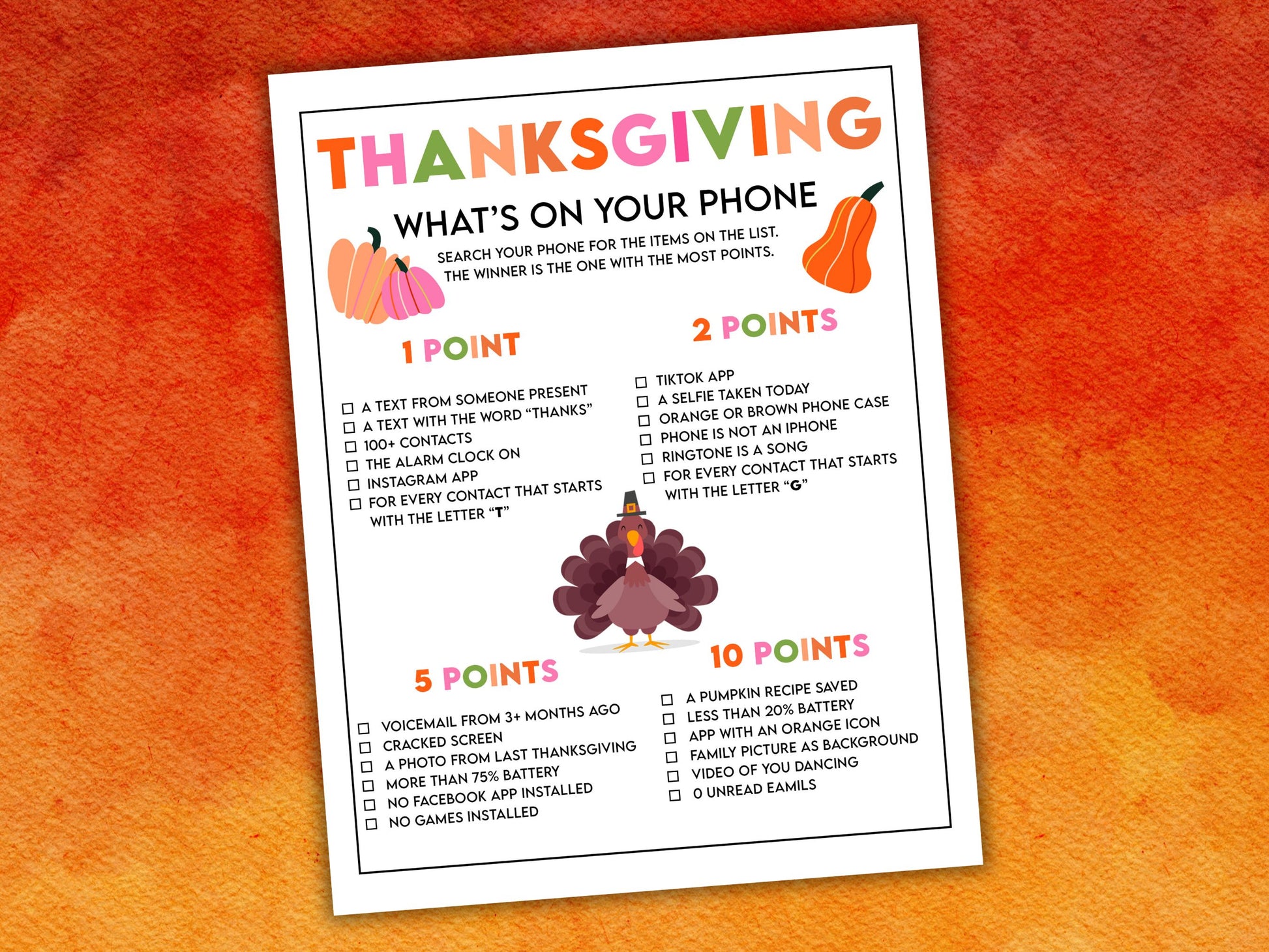 A colorful game titled 'Thanksgiving What's on Your Phone', designed for party gameplay.