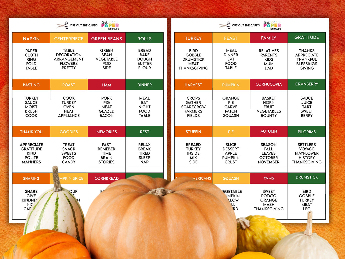 A promotional image for a Thanksgiving danger words, featuring a set of cards with various Thanksgiving-related prompts.