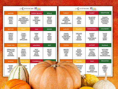 A promotional image for a Thanksgiving danger words, featuring a set of cards with various Thanksgiving-related prompts.