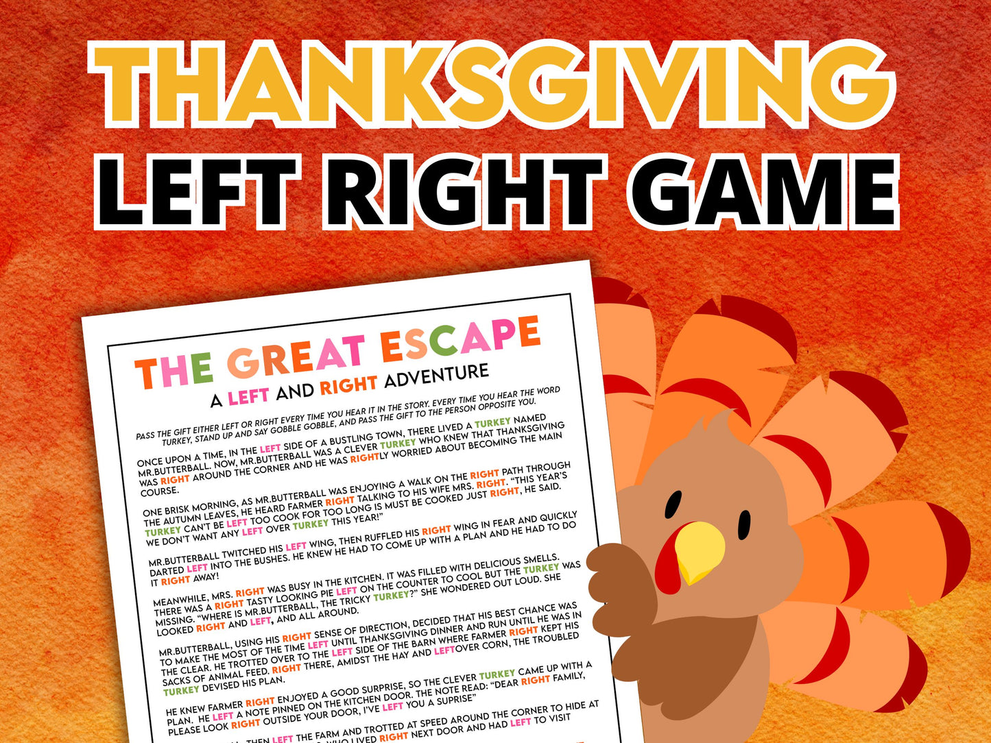 A colorful game titled 'Left Right Game' with a turkey character on the cover, designed for party gameplay.