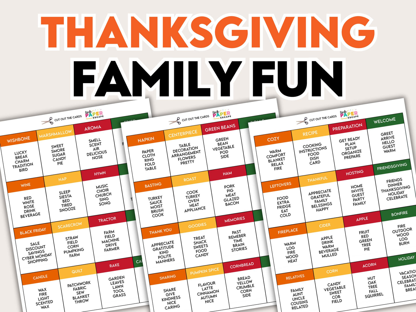 A promotional image for a Thanksgiving danger words, featuring a set of cards with various Thanksgiving-related prompts on a simple background.