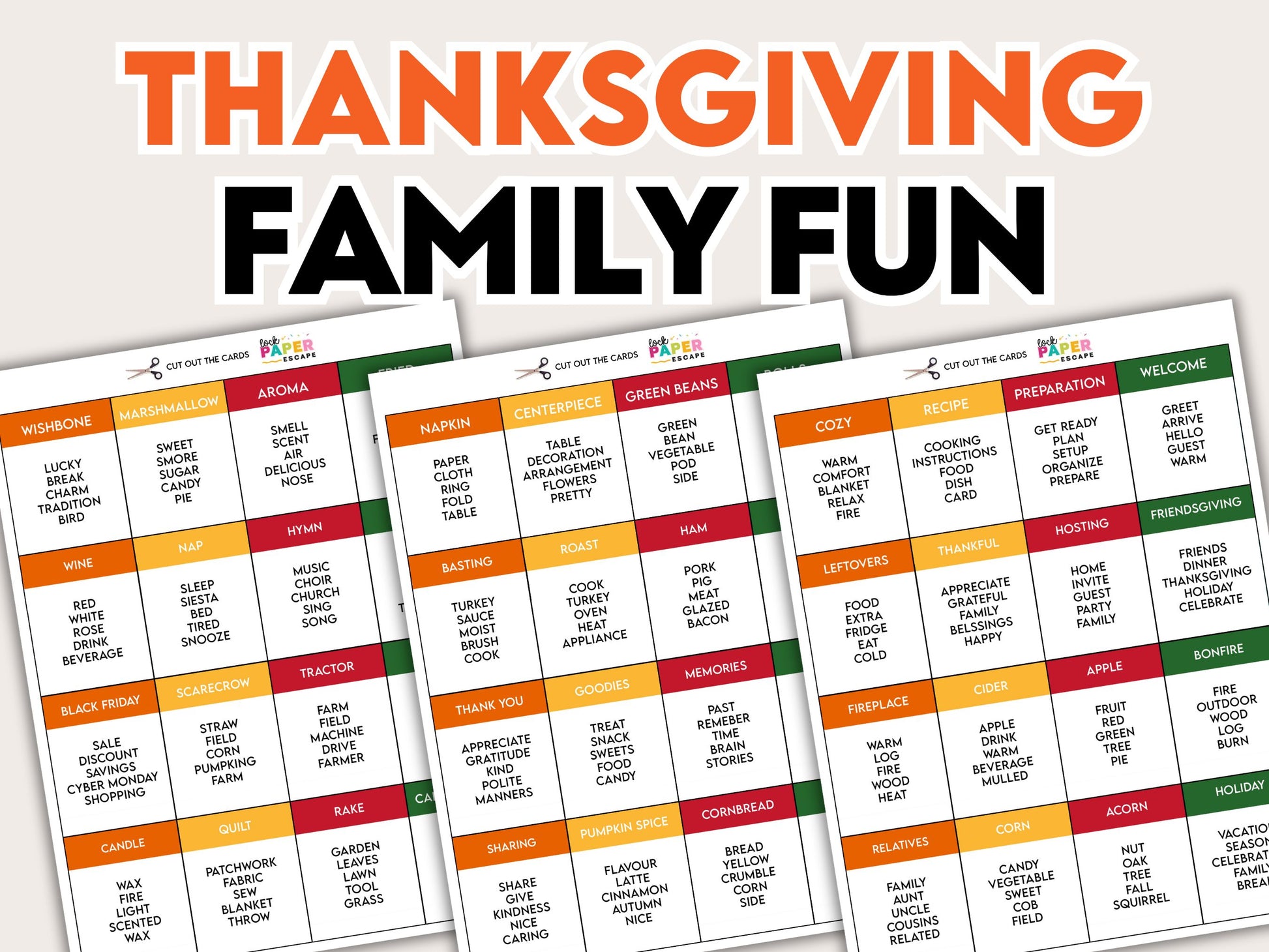 A promotional image for a Thanksgiving danger words, featuring a set of cards with various Thanksgiving-related prompts on a simple background.