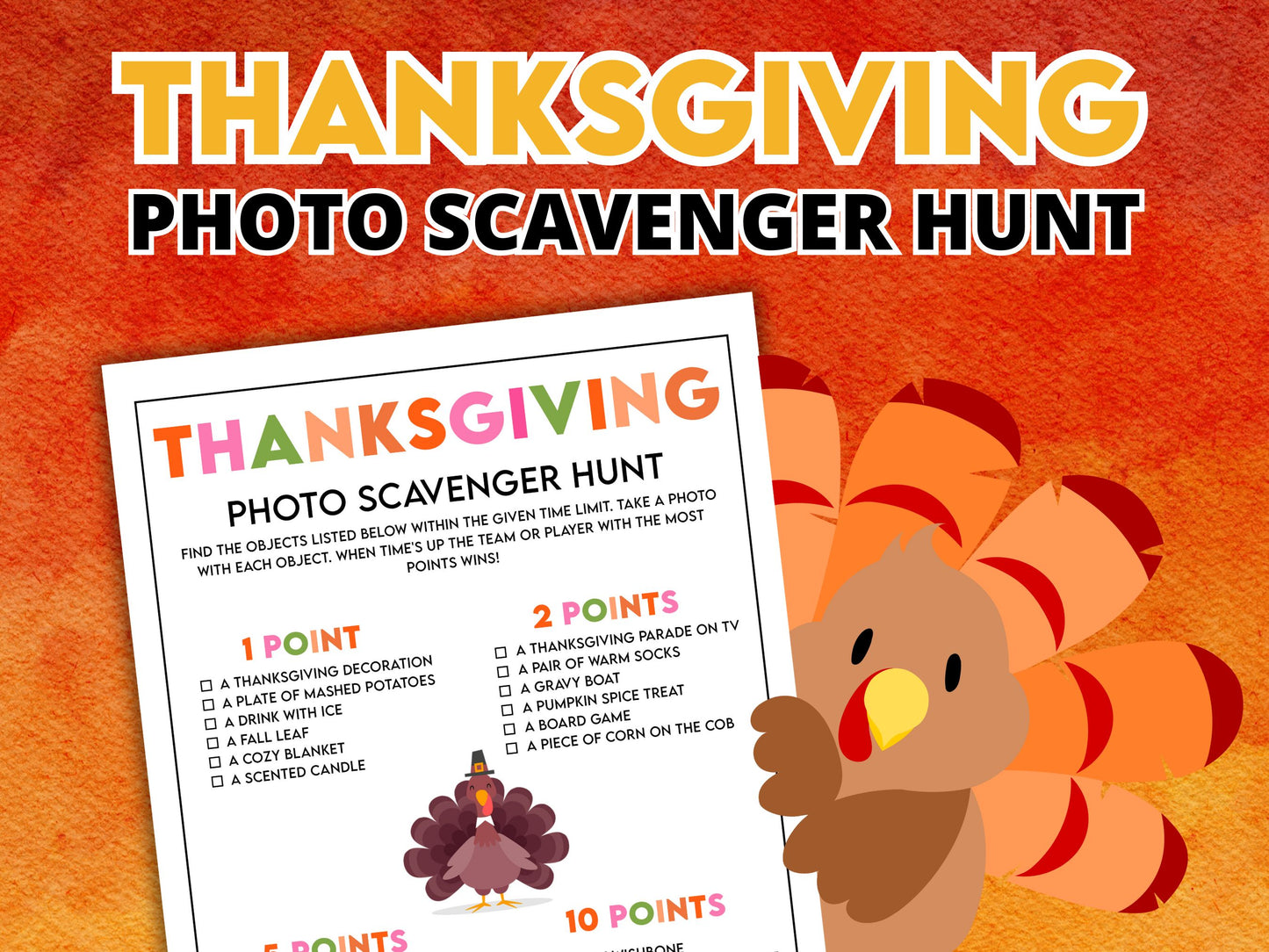 Title page with a cute cartoon turkey holding the thanksgiving photo scavenger hunt printable.