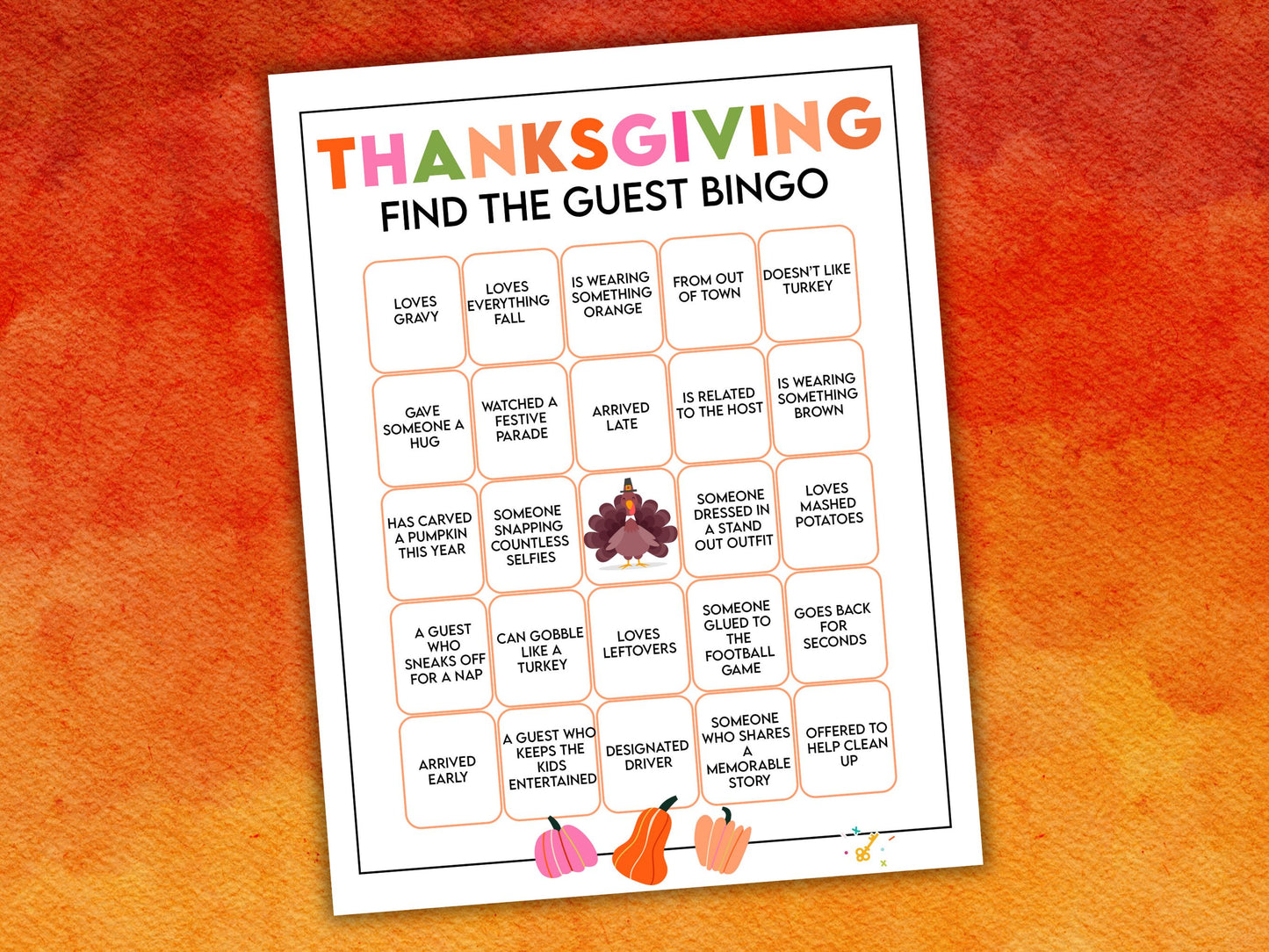Thanksgiving find the guest bingo game page with pumpkin and turkey details on a fall background.