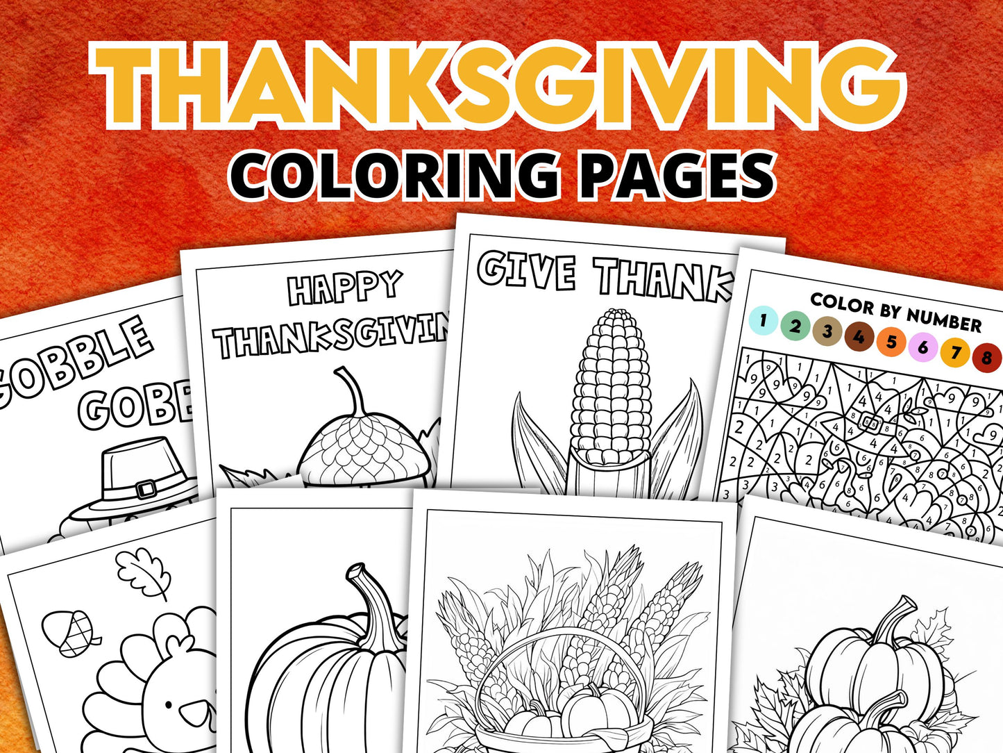 A collection of Thanksgiving-themed coloring pages, including designs like a turkey, pumpkin, and cornucopia.