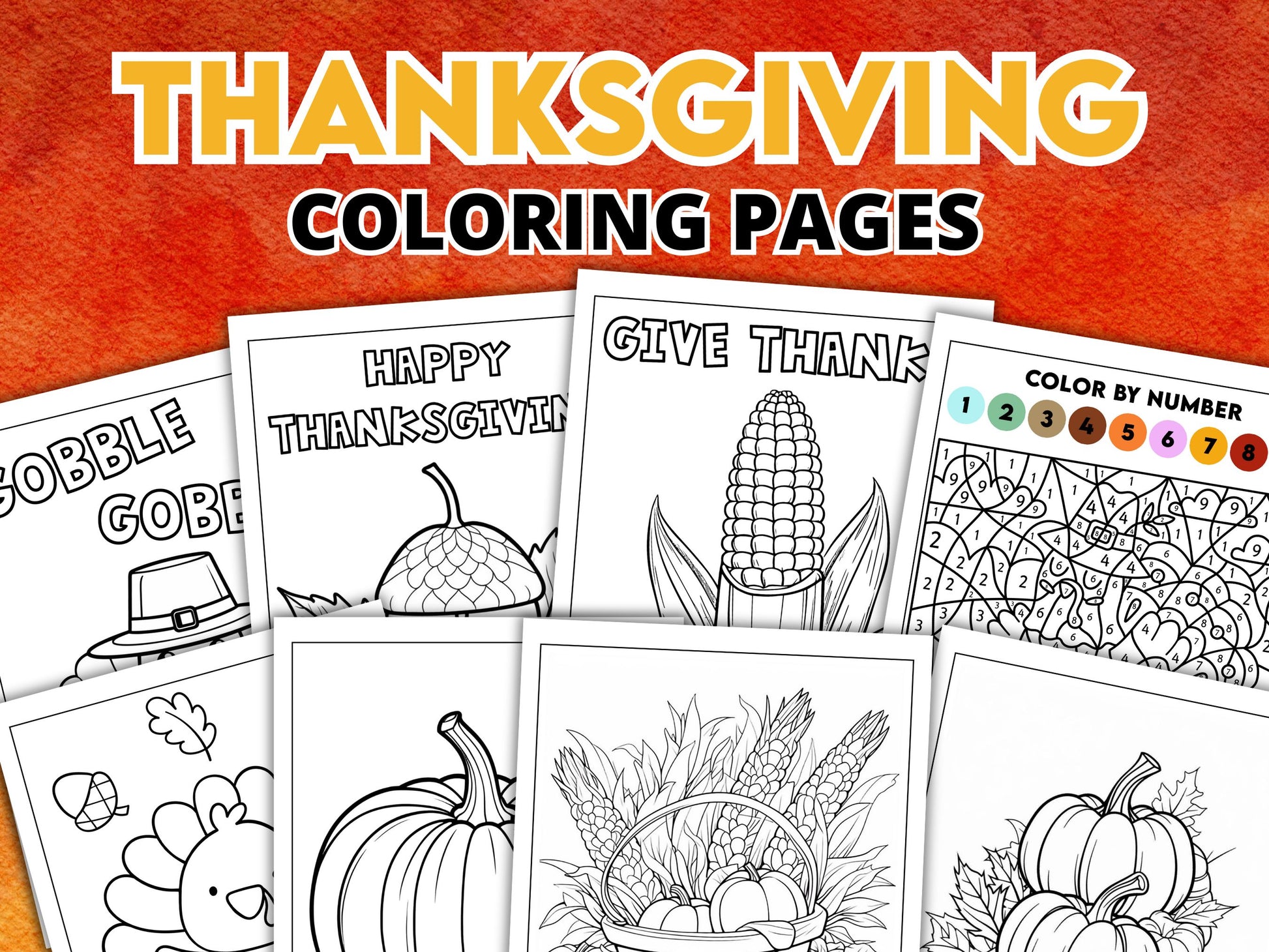 A collection of Thanksgiving-themed coloring pages, including designs like a turkey, pumpkin, and cornucopia.
