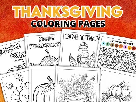 A collection of Thanksgiving-themed coloring pages, including designs like a turkey, pumpkin, and cornucopia.