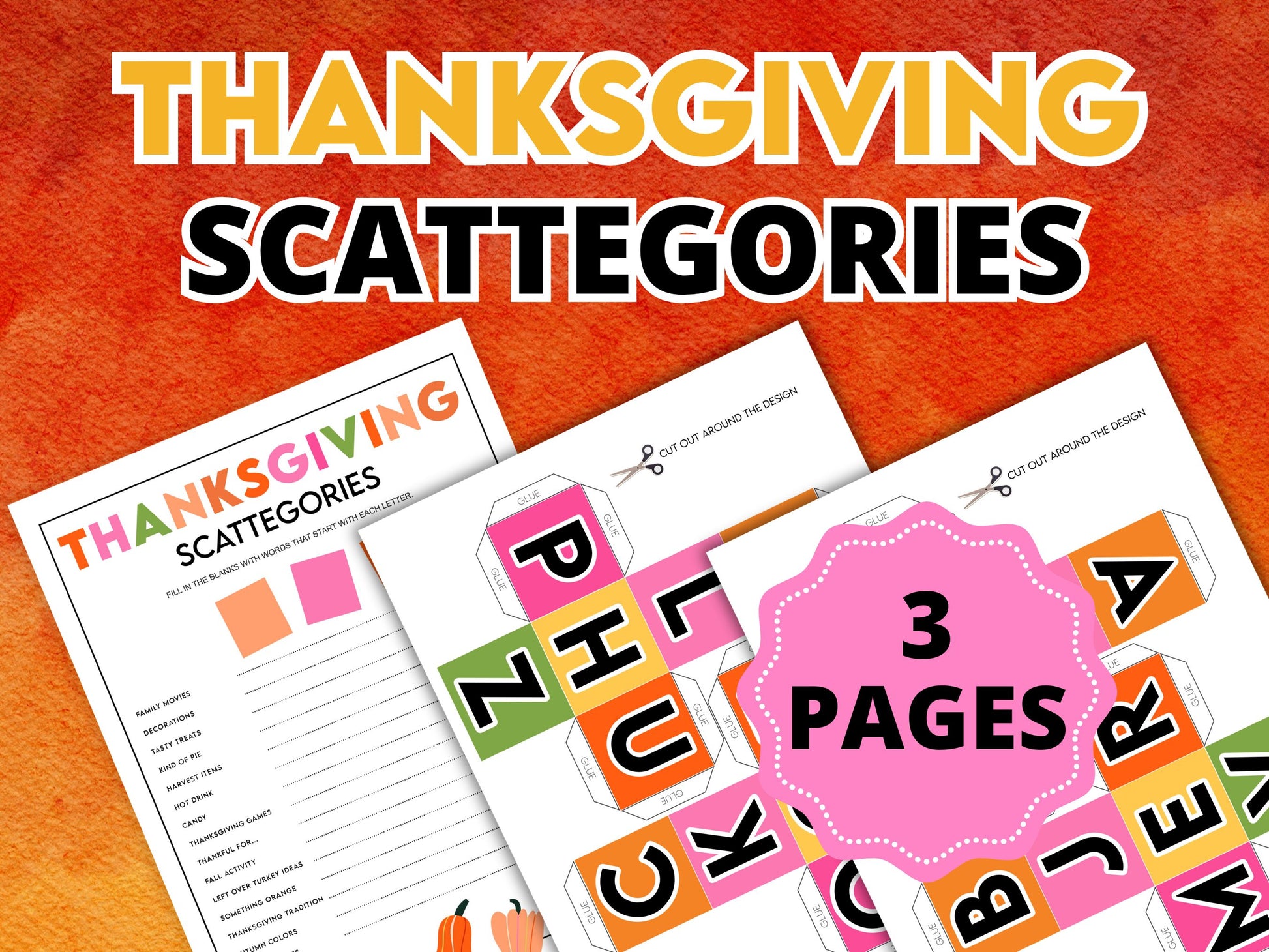 Promotional page for a Thanksgiving scattegories printable family game.