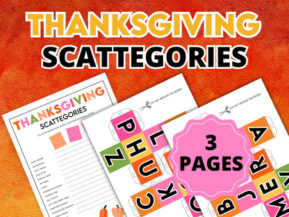 Promotional page for a Thanksgiving scattegories printable family game.