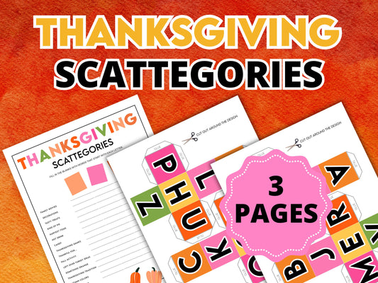 Promotional page for a Thanksgiving scattegories printable family game.