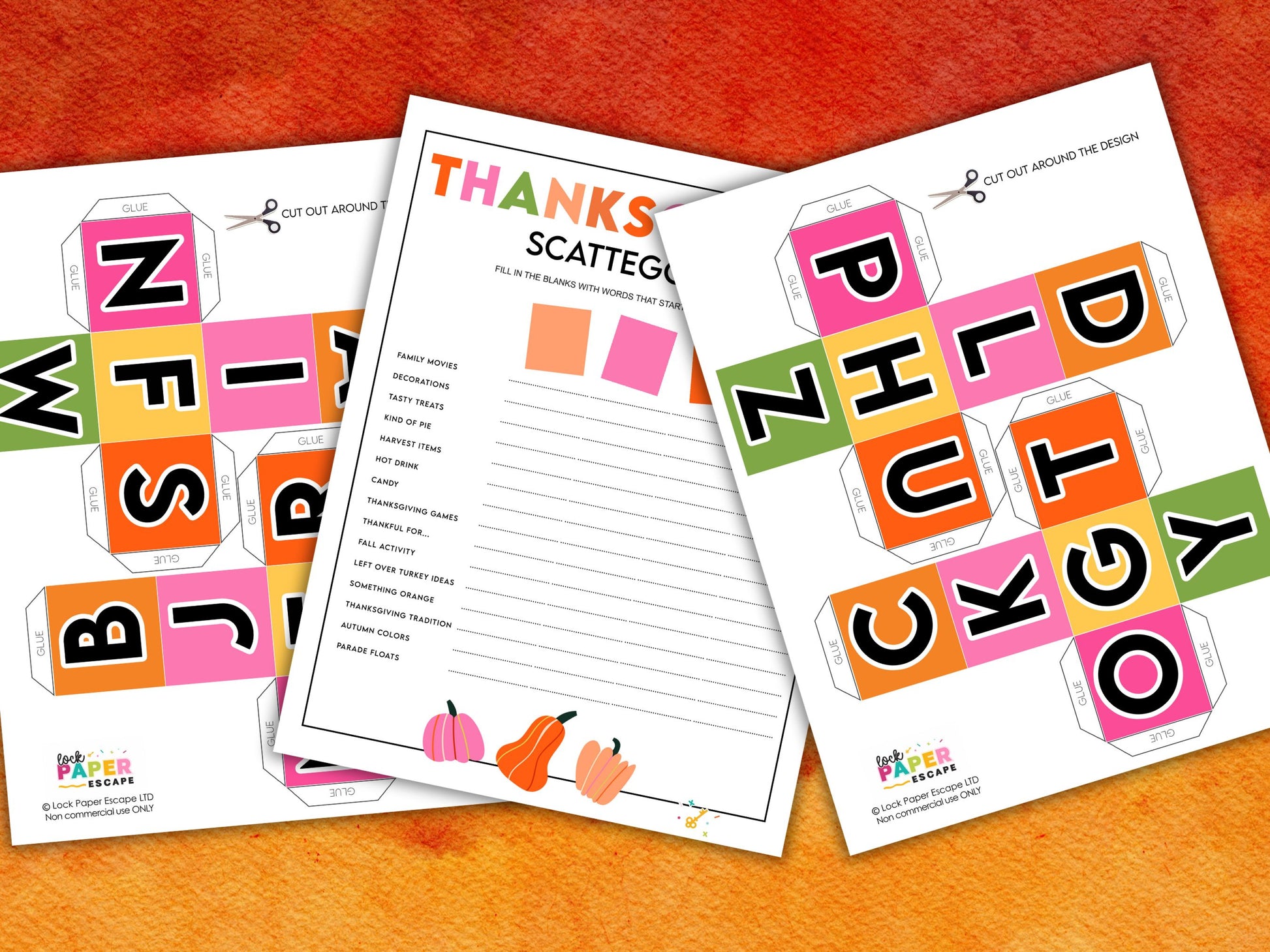 A colorful game titled 'Thanksgiving scattegories' with colorful printable letter game dice..