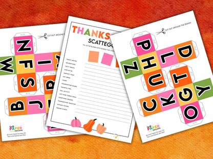 A colorful game titled 'Thanksgiving scattegories' with colorful printable letter game dice..
