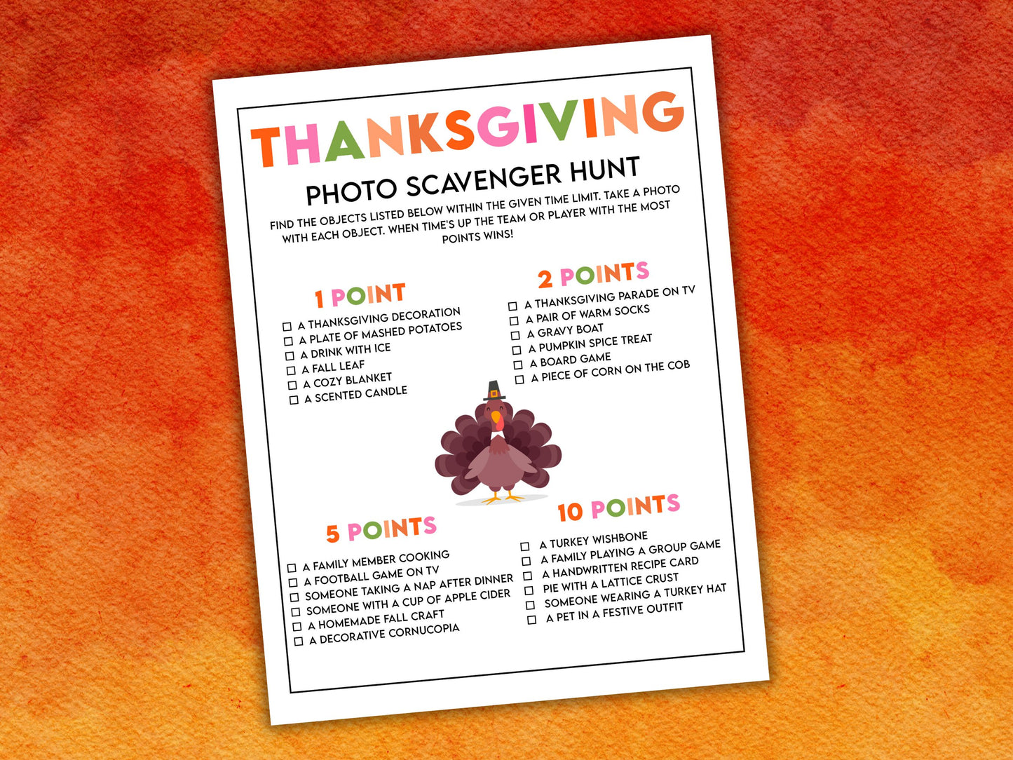 Thanksgiving photo scavenger hunt game printable on a fall background.