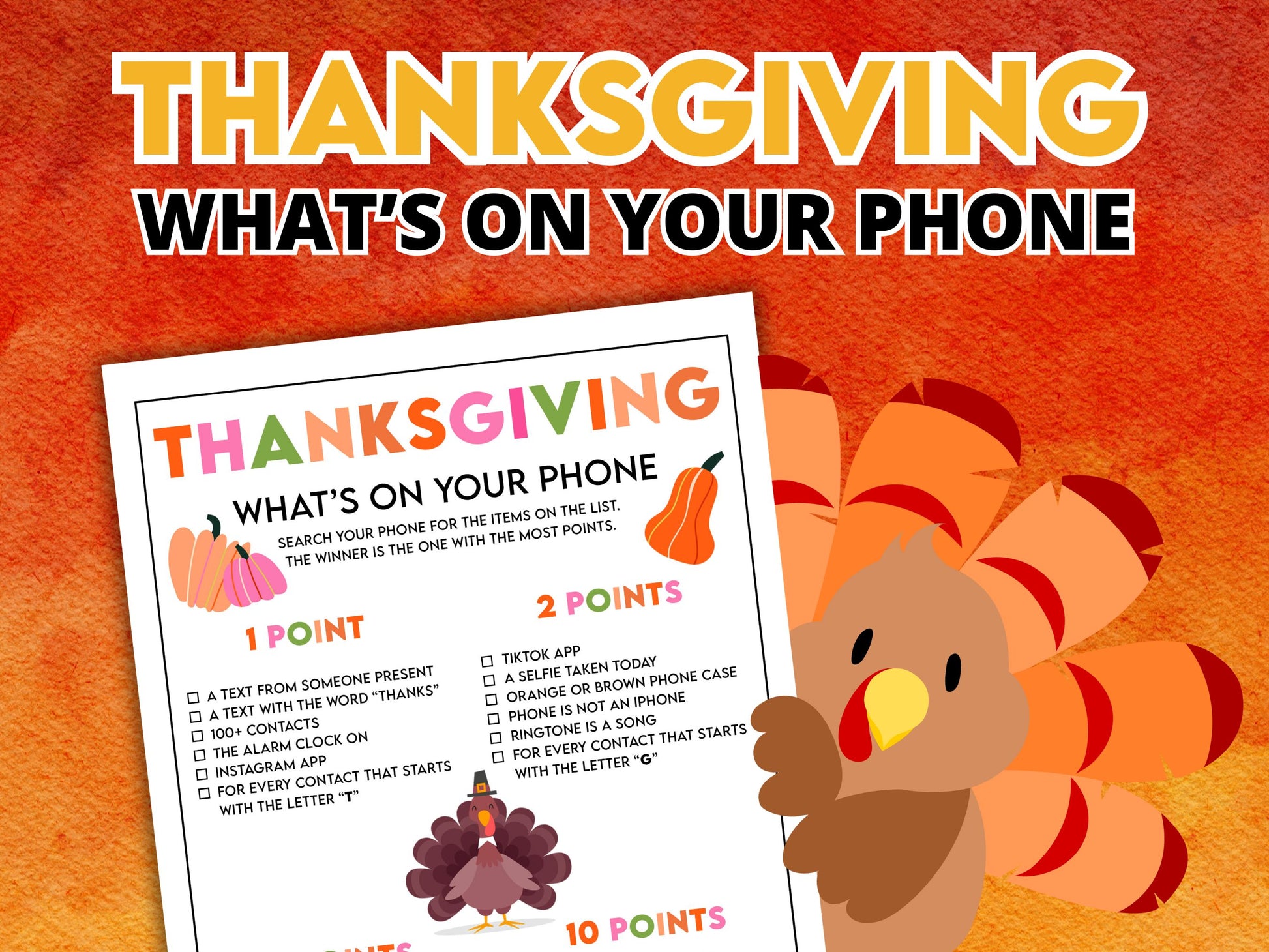 A colorful game titled 'Thanksgiving What's on Your Phone' with a turkey character on the cover, designed for party gameplay.