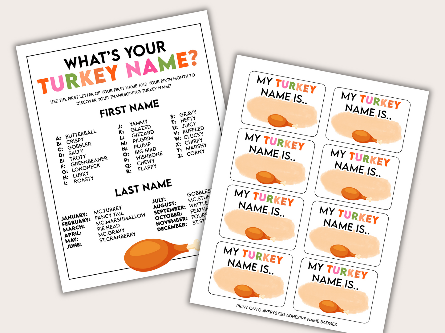 A 'What's Your Turkey Name?' game set with a name chart and tags. The game is designed for Thanksgiving celebrations.