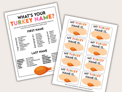 A 'What's Your Turkey Name?' game set with a name chart and tags. The game is designed for Thanksgiving celebrations.