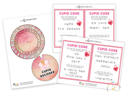 Printable Valentines decoder wheel and cards with jokes in a Valentine's theme.