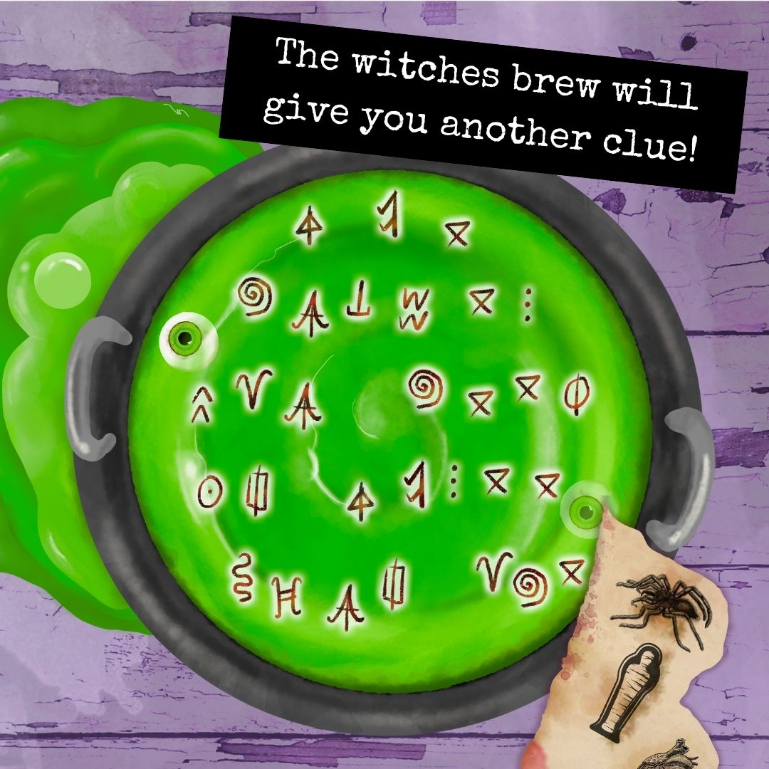 Green cauldron with mystical symbols on a purple background, accompanied by a spider and a potion label.