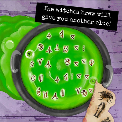 Green cauldron with mystical symbols on a purple background, accompanied by a spider and a potion label.