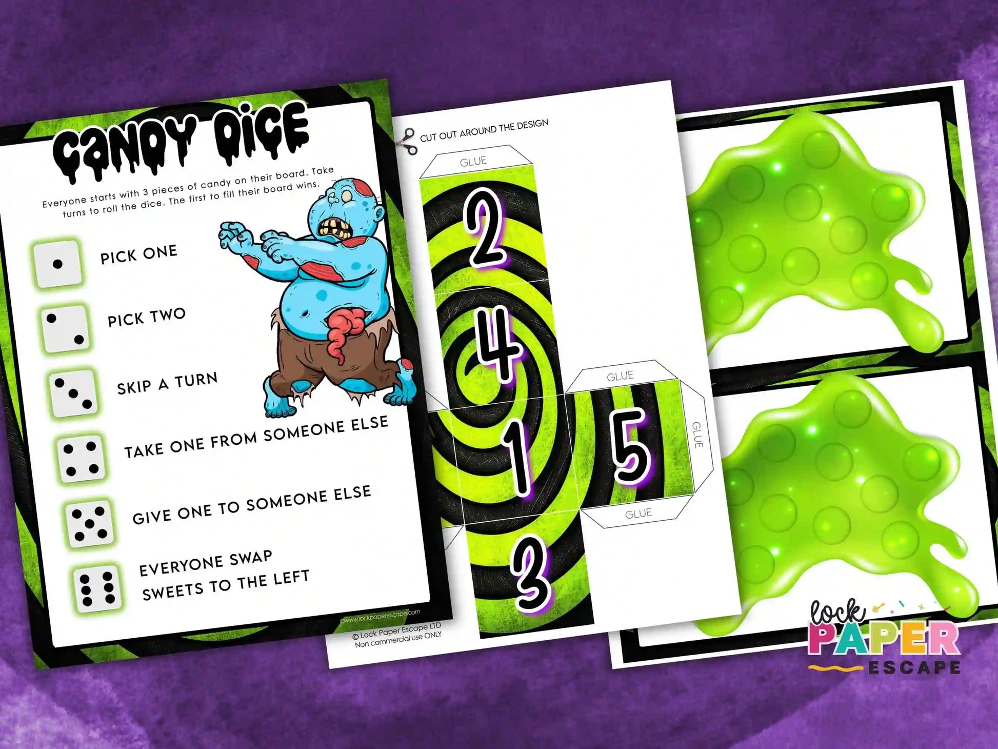 Set of Halloween candy dice game cards with colorful designs and text on a purple background