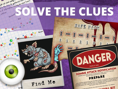 Zombie escape room game components with text 'Solve the Clues' and various illustrations on a purple background.