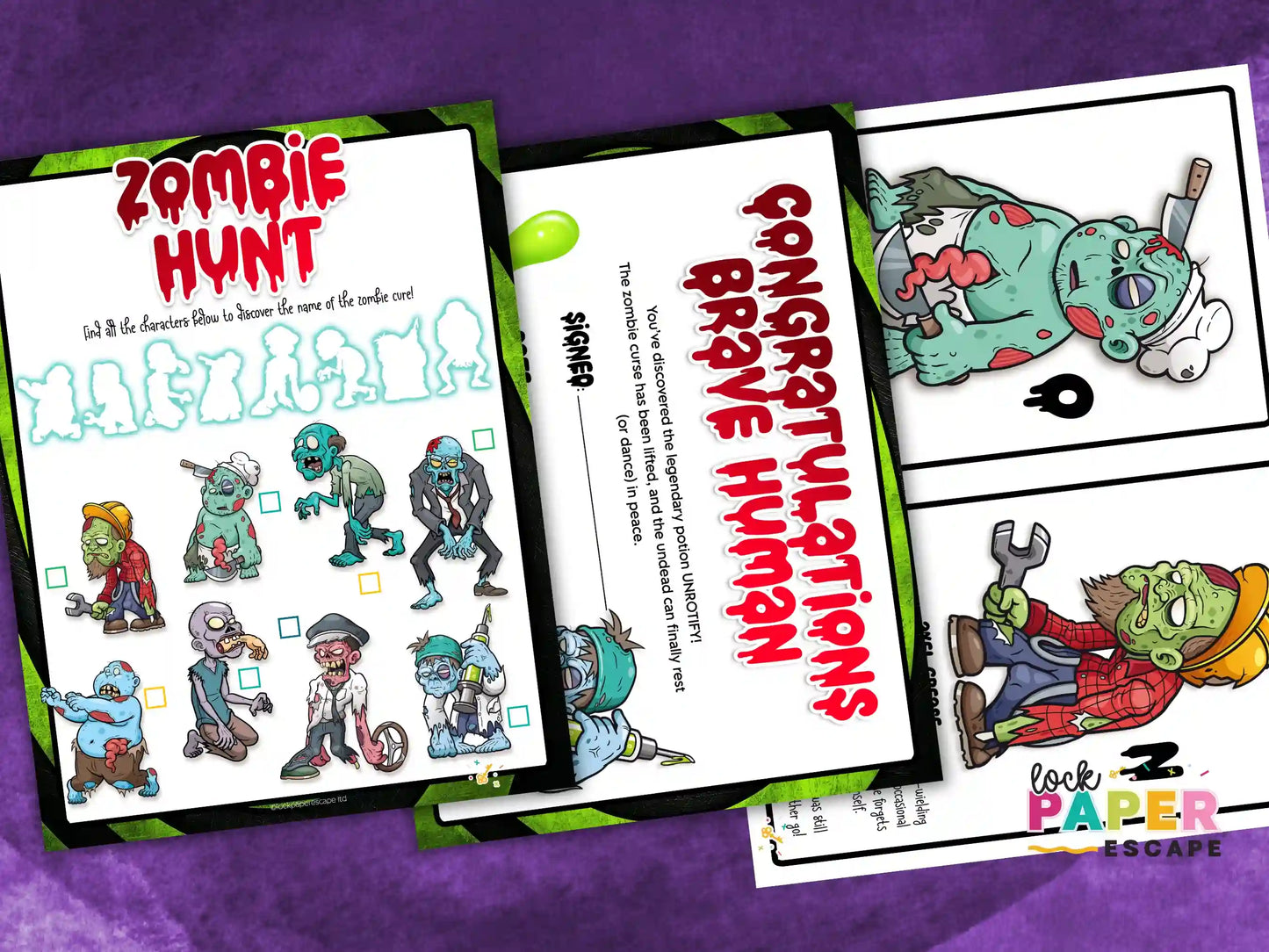 Zombie-themed scavenger hunt game cards on a purple background