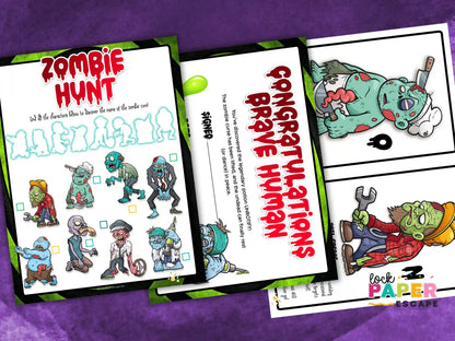Zombie-themed scavenger hunt game cards on a purple background