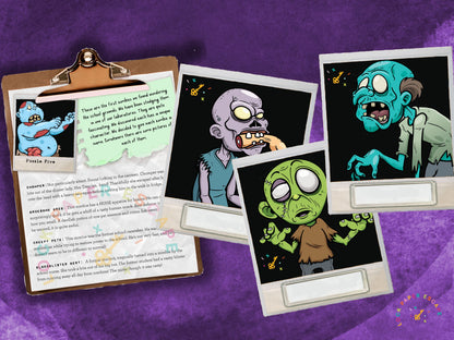 Set of zombie cards with a clipboard on a purple background