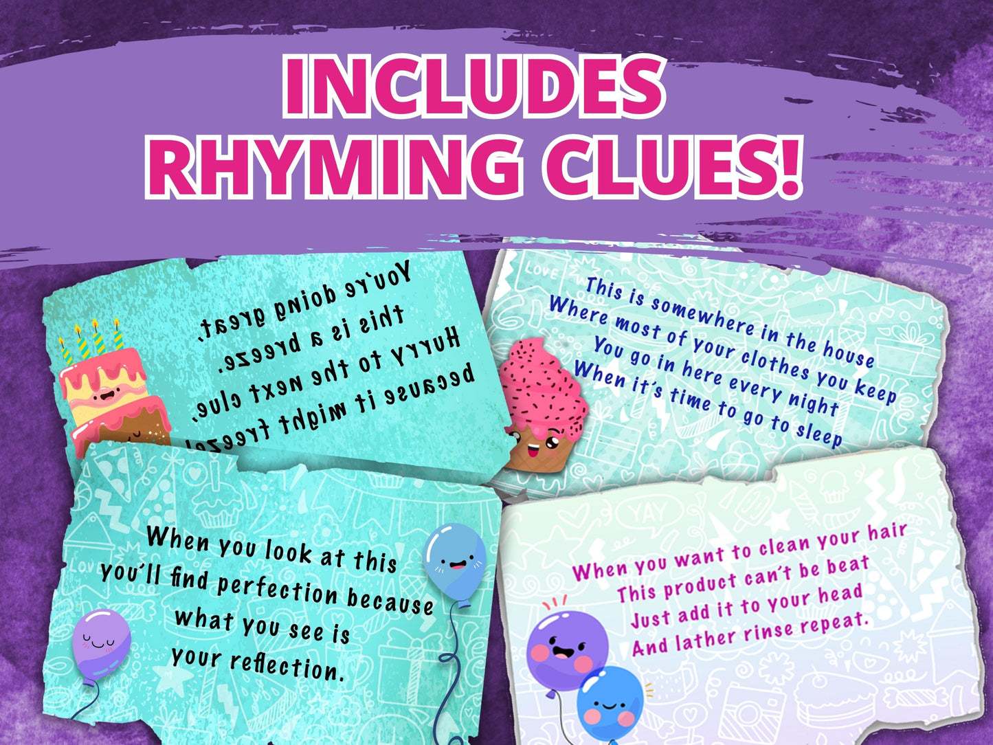 Four treasure hunt clue cards on a purple background.