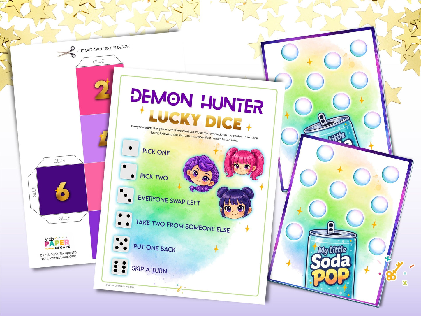 Demon Hunter party game, with soda pop game boards and lucky dice instruction sheet.