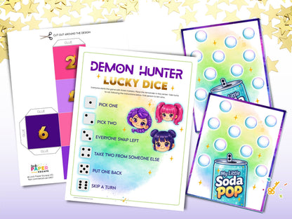 Demon Hunter party game, with soda pop game boards and lucky dice instruction sheet.