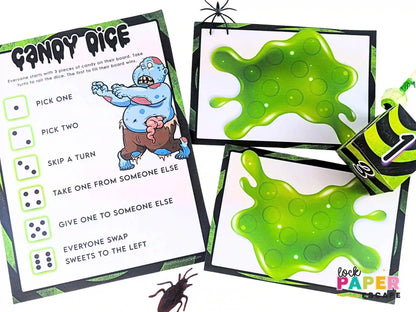 Children's Halloween candy dice game cards with green splat details and spider decorations on a white background