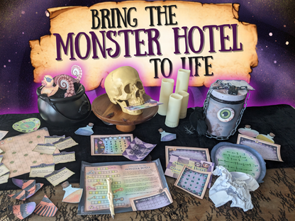 A tabletop display for a themed game or activity set under a large parchment-style sign reading 'BRING THE MONSTER HOTEL TO LIFE.' Visible items include a black cauldron with tentacles and halloween rubber duck, a skull on a stand, several white candles, a gray jar with a green eye label, cards, papers, and other printed game pieces arranged on a dark cloth against a purple starry background.