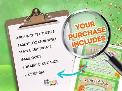 Fairy escape room product details with a magnifying glass highlighting features on a green background