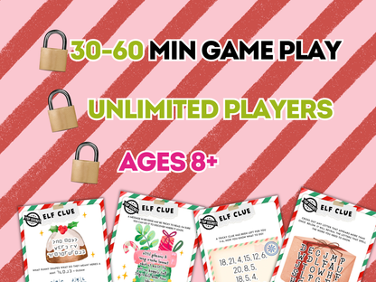 Game cards with 'Elf Clue' on a pink and red striped background, featuring text about game play time and age suitability.