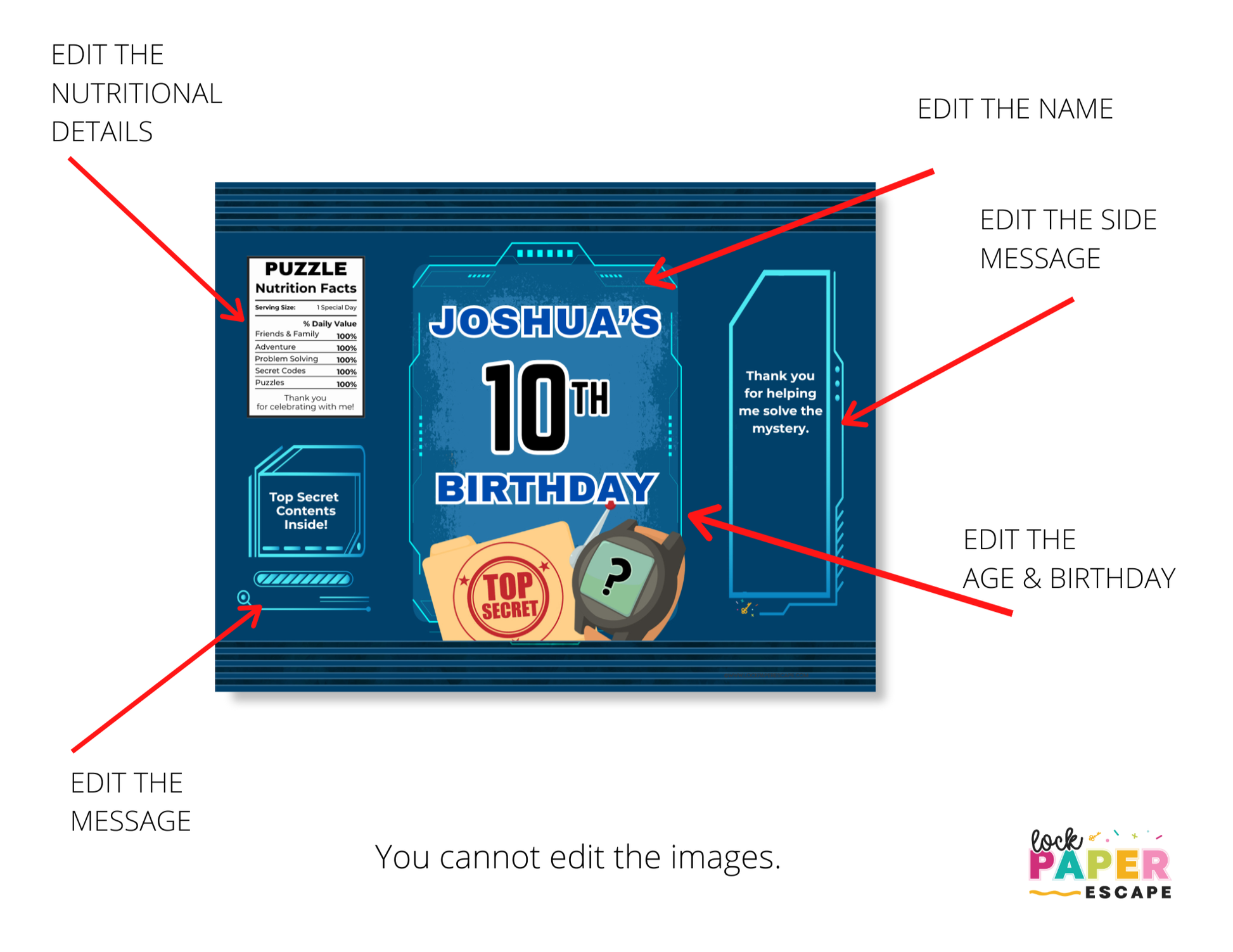 Customizable birthday party chip bag party favor with text fields for editing