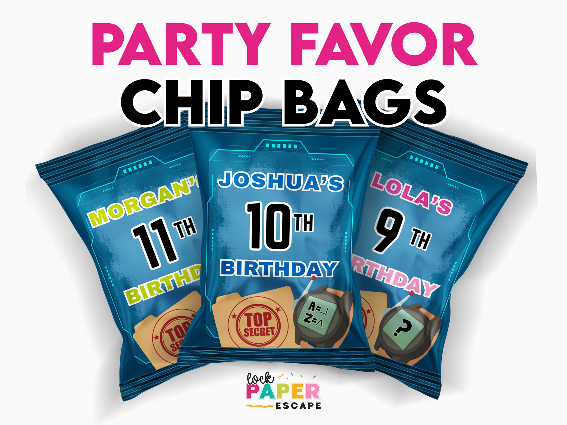 Three blue escape room party favor chip bags with personalized names and ages on a white background.