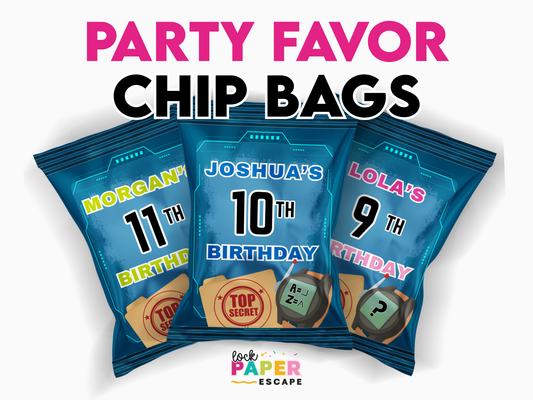 Three blue escape room party favor chip bags with personalized names and ages on a white background.