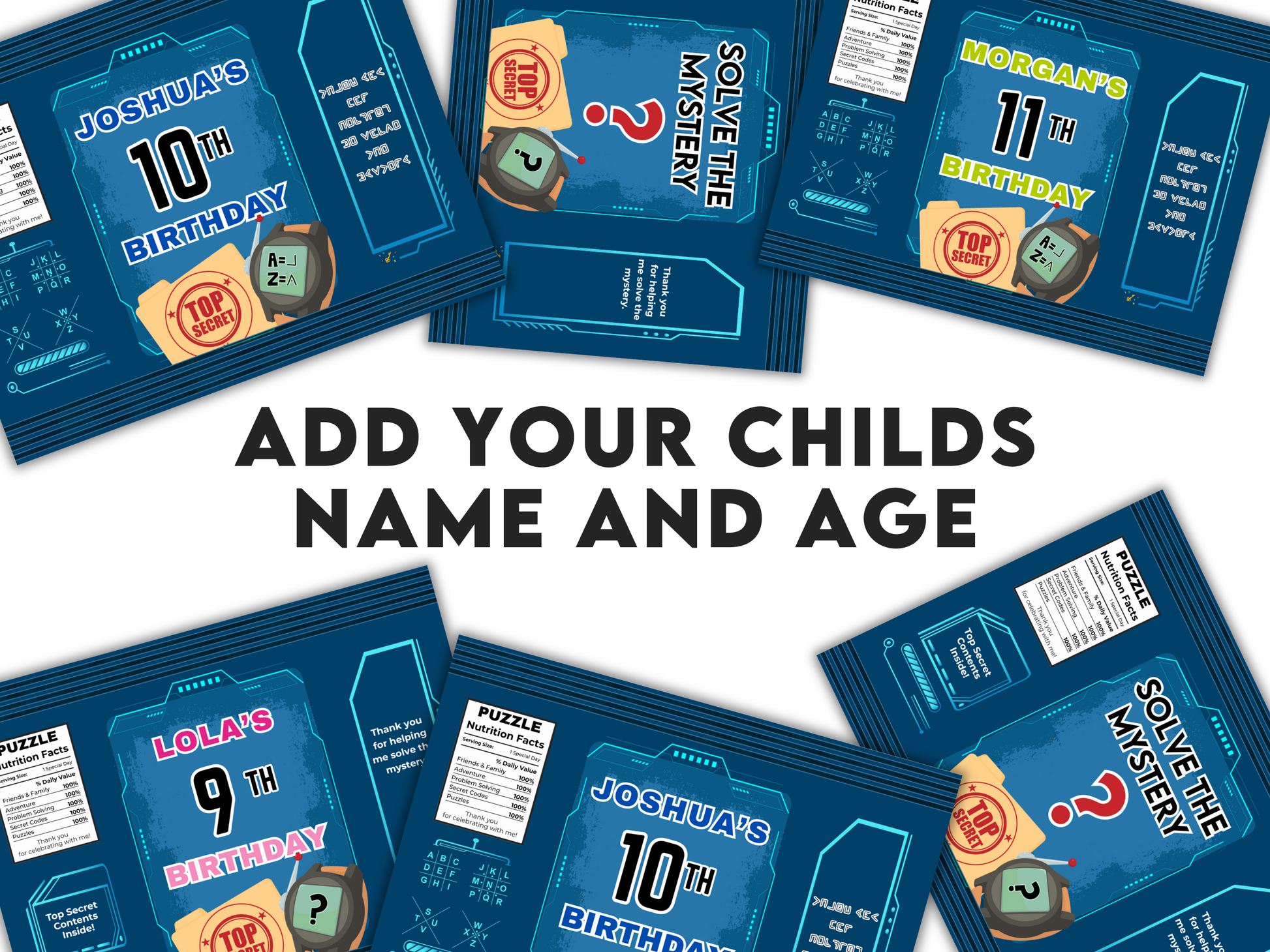Escape Room Birthday party game packages with customizable names and ages on a white background